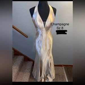 May Queen Champagne Satin Halter Gown with Train